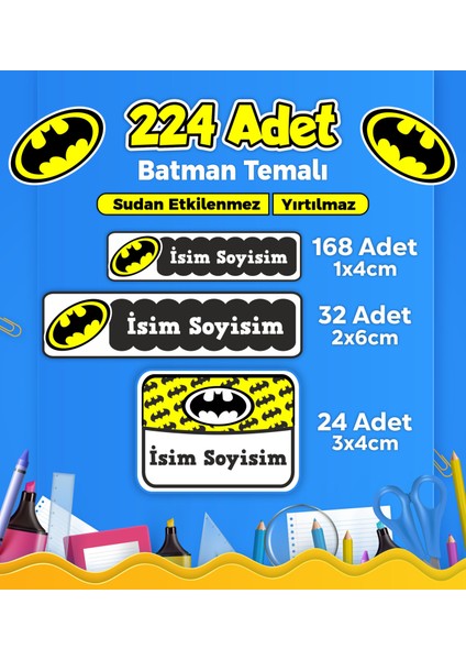 Batman Okul Kreş İsim Etiketi Kalem Defter Özel İsim Yazılabilen Etiket Seti Model 3 - 224 Adet