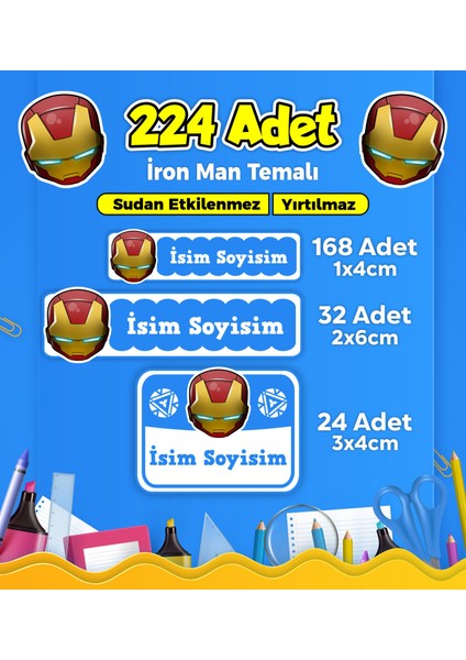 İron Man Okul Kreş İsim Etiketi Kalem Defter Özel İsim Yazılabilen Etiket Seti Model 6 - 224 Adet