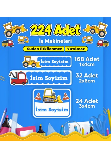 İş Makineleri Okul Kreş İsim Etiketi Kalem Defter Özel İsim Yazılabilen Etiket Seti Model 7 - 224 Adet