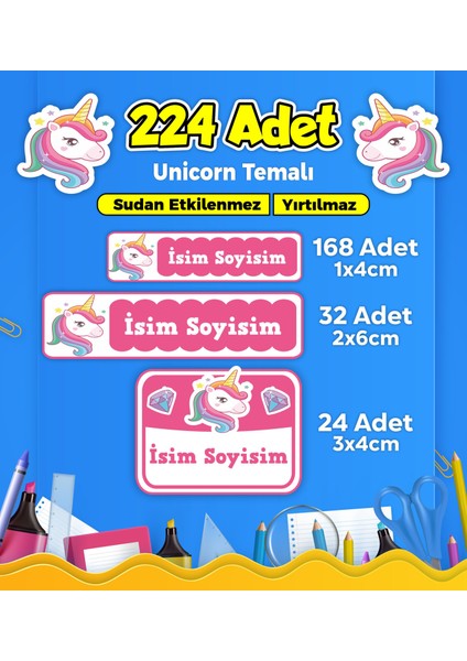 Unicorn Okul Kreş İsim Etiketi Kalem Defter Özel İsim Yazılabilen Etiket Seti Model 4 - 224 Adet