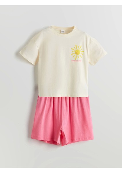 Lcw Kids Ekru Bisiklet Yaka Kız Çocuk Şortlu Pijama Takımı