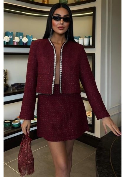 taş Şerit Detaylı ve Simli Chanel Kadın Takım etek Ceket ( 2 Parça ) Bordo
