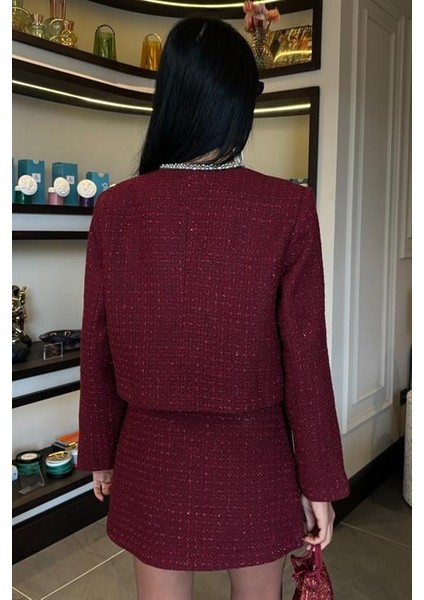 taş Şerit Detaylı ve Simli Chanel Kadın Takım etek Ceket ( 2 Parça ) Bordo modelleri