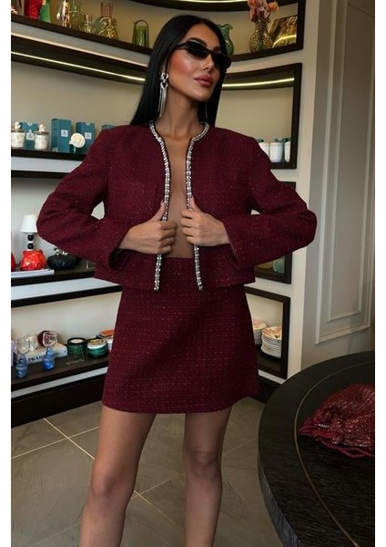 taş Şerit Detaylı ve Simli Chanel Kadın Takım etek Ceket ( 2 Parça ) Bordo indirimleri