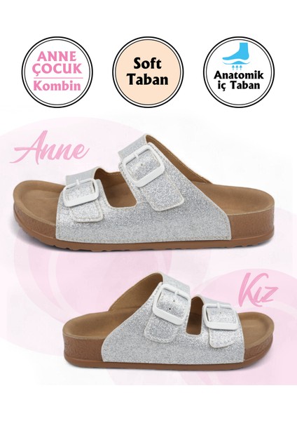 Işıltılı Gümüş Renk Anne Çocuk Kombin Terlik (Anne,kız)