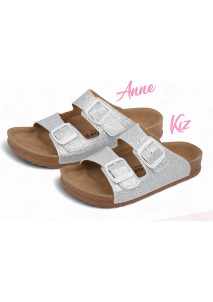Işıltılı Gümüş Renk Anne Çocuk Kombin Terlik (Anne,kız)