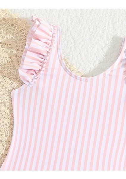 Kız Çocuk Pembe Beyaz Çizgili Fırfırlı Mayo – Sevimli Yazlık Tek Parça Yüzme Kıyafeti modelleri