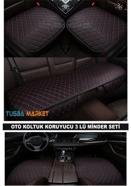 Oto Koltuk Koruyucu Cepli Üçlü Minder Seti / Lüks Siyah Deri & Kırmızı Nakışlı / Tüm Araçlar