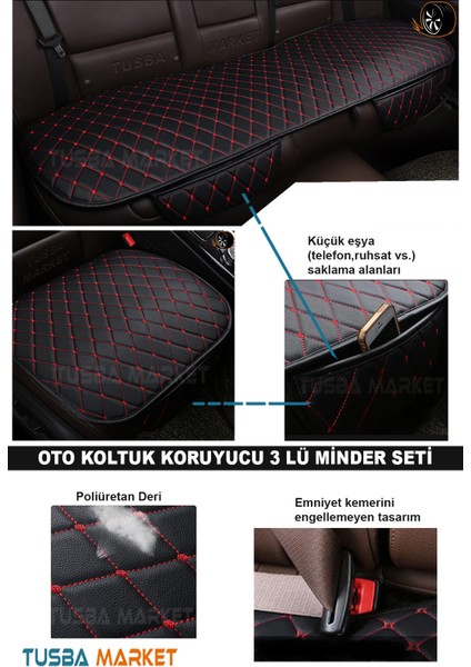 Oto Koltuk Koruyucu Cepli Üçlü Minder Seti / Lüks Siyah Deri & Kırmızı Nakışlı / Tüm Araçlar modelleri