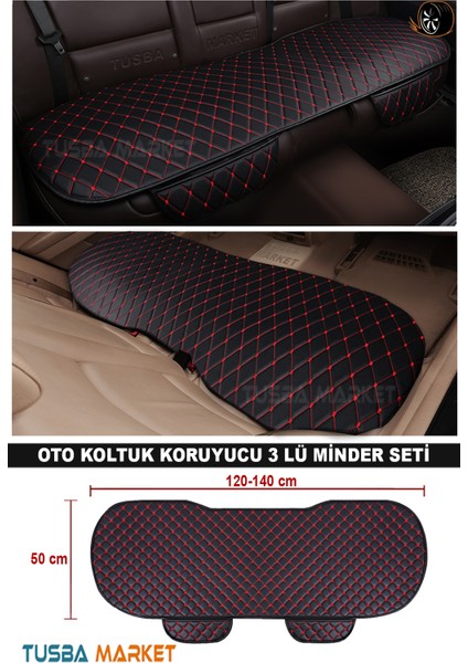 Oto Koltuk Koruyucu Cepli Üçlü Minder Seti / Lüks Siyah Deri & Kırmızı Nakışlı / Tüm Araçlar fırsatları