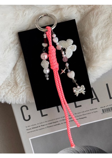 Pembe Beyaz Kelebek Büyük Çanta Charm, Çanta Süsü Anahtarlık, Paracord Ip Anahtarlık