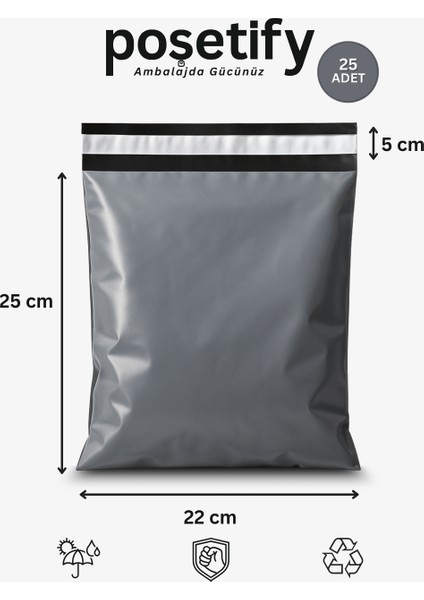 Gri Cepli Kargo Poşeti 22X30+5 cm 25 Adet E-Ticaret Poşeti | Yapışkan Bantlı Gönderi Zarfı