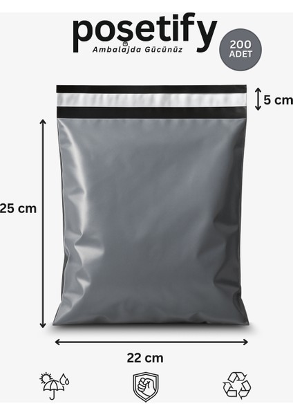 Gri Cepli Kargo Poşeti 22X30+5 cm 200 Adet E-Ticaret Poşeti | Yapışkan Bantlı Gönderi Zarfı