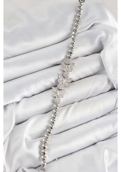 Pirinç Zirkon Taşlı Kelebek Model Gümüş Renk Kadın Bileklik - TJ-BB7542 fiyatları