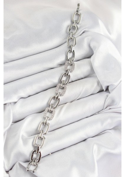 Pirinç Zirkon Taşlı Parçalı Zincir Model Gümüş Renk Kadın Bileklik - TJ-BB7536 fiyatları