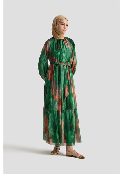 Desenli Elbise 25YD4016 Yeşil