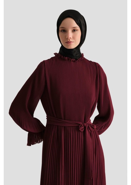 Piliseli Elbise 25YD4235 Bordo