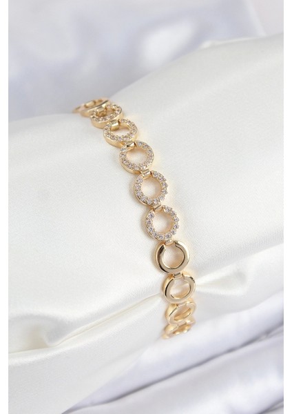 Pirinç Zirkon Taşlı Sıralı Halka Model Gold Renk Kadın Bileklik - TJ-BB7555