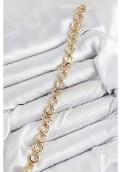 Pirinç Zirkon Taşlı Sıralı Halka Model Gold Renk Kadın Bileklik - TJ-BB7555 fiyatları