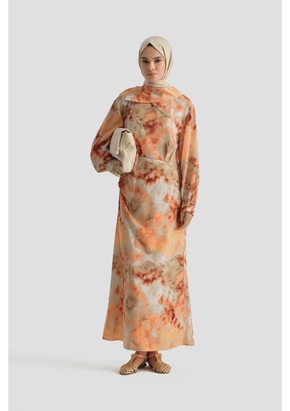 Desenli Elbise 25YD4017 Oranj