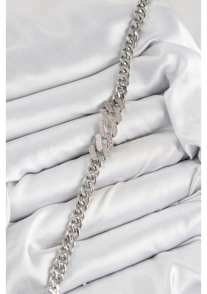 Pirinç Zirkon Taşlı Ezme Küba Zincir Model Gümüş Renk Kadın Bileklik - TJ-BB7550 fiyatları