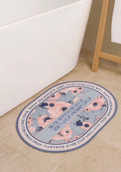 Çiçek Desenli Never Give Up Süper Emici Çabuk Kuruyan Kaymaz Tabanlı Banyo Matı 40X60 cm Banyo Paspası