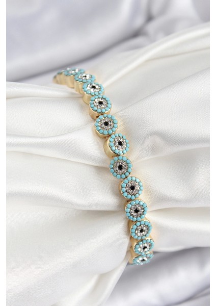Pirinç Zirkon Taşlı Turkuaz Nazar Model Gold Renk Lastikli Kadın Bileklik - TJ-BB7496