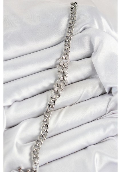 Pirinç Zirkon Taşlı Küba Zincir Model Gümüş Renk Kadın Bileklik - TJ-BB7534 fiyatları