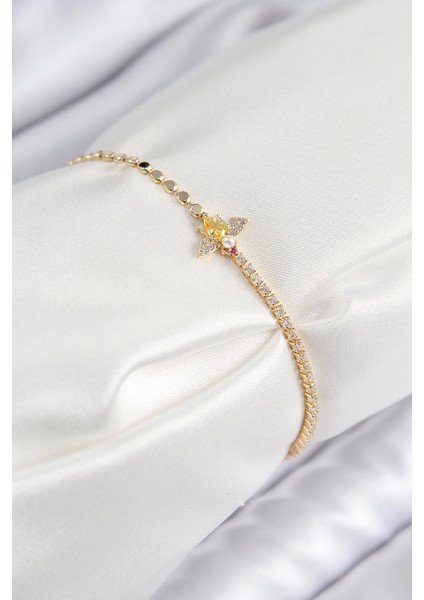 Pirinç Zirkon Taşlı Arı Model Ezme Zincir Gold Renk Kadın Bileklik - TJ-BB7595