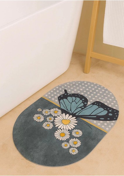 Kelebek ve Papatya Desenli Süper Emici Çabuk Kuruyan Kaymaz Tabanlı Banyo Matı 40X60 cm