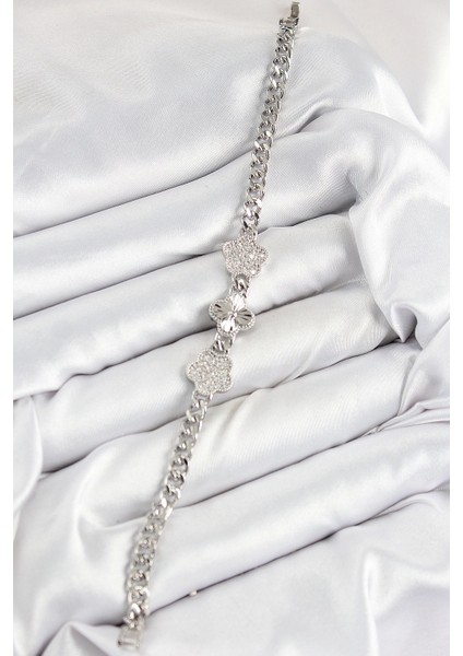 Pirinç Zirkon Taşlı Yonca Model Gümüş Renk Kadın Bileklik - TJ-BB7548 fiyatları