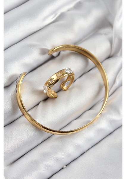 Pirinç Zirkon Taşlı Ayrık Model Gold Renk Bileklik Yüzük Set - TJ-BB7605 fiyatları