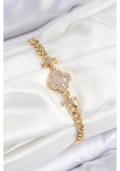 Pirinç Zirkon Taşlı Yonca Model Gold Renk Kadın Bileklik - TJ-BB7537