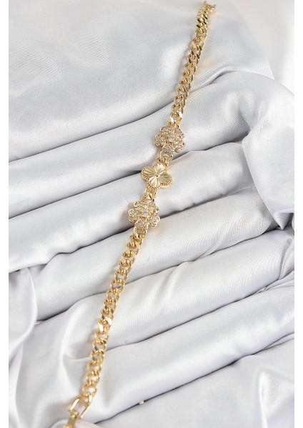 Pirinç Zirkon Taşlı Yonca Model Gold Renk Kadın Bileklik - TJ-BB7557 fiyatları