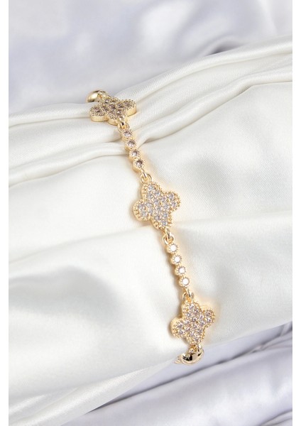 Pirinç Zirkon Taşlı Yonca Model Gold Renk Kadın Bileklik - TJ-BB7561