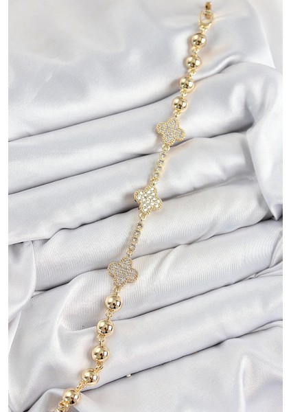 Pirinç Zirkon Taşlı Yonca Model Gold Renk Kadın Bileklik - TJ-BB7561 fiyatları