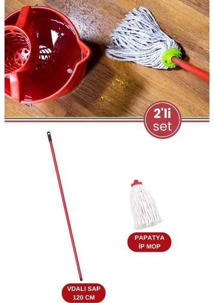 Standart Mop Temizlik Kovalarıyla Uyumlu Sap ve Paspas Seti, 120 cm Vidalı Metal Sap + Papatya İp Mop