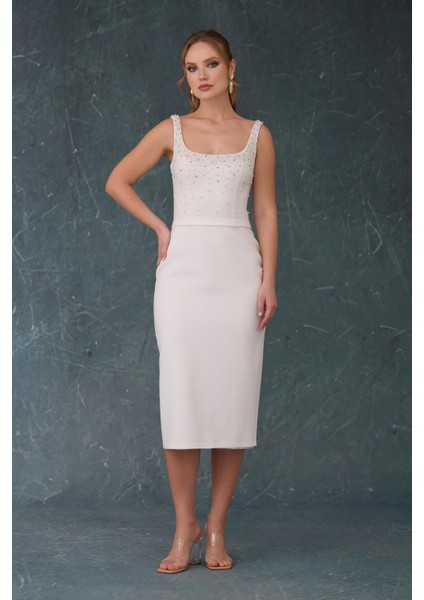 Elbise Krep Incili Midi modelleri