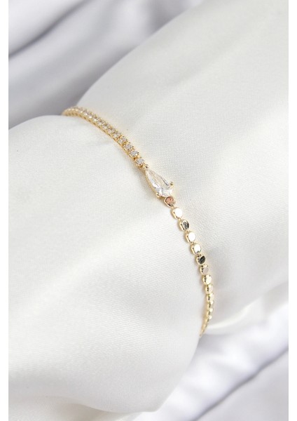 Pirinç Zirkon Taşlı Damla Model Ezme Zincir Gold Renk Kadın Bileklik