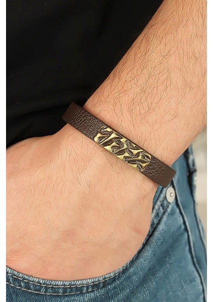 Eskitme Metal Şık Aksesuarlı Kahverengi Deri Erkek Bileklik
