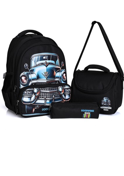 Erkek Desenli 3'lü Okul Çanta Seti (Sırt Çantası + Beslenme Çantası + Kalemlik)
