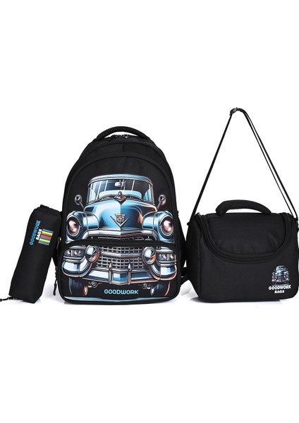 Erkek Desenli 3'lü Okul Çanta Seti (Sırt Çantası + Beslenme Çantası + Kalemlik)