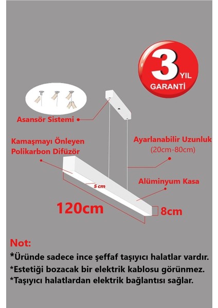 Lineer Beyaz Işık 6500K 120CM Beyaz Kasa Ledli Sarkıt Modern Led, Salon, Mutfak, Ofis, Mağaza, Masa Üstü LED Avize fırsatları