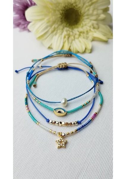 Nazar Bileklik Seti 4'lü (Yıldız Inci ve Göz Boncuklu) modelleri