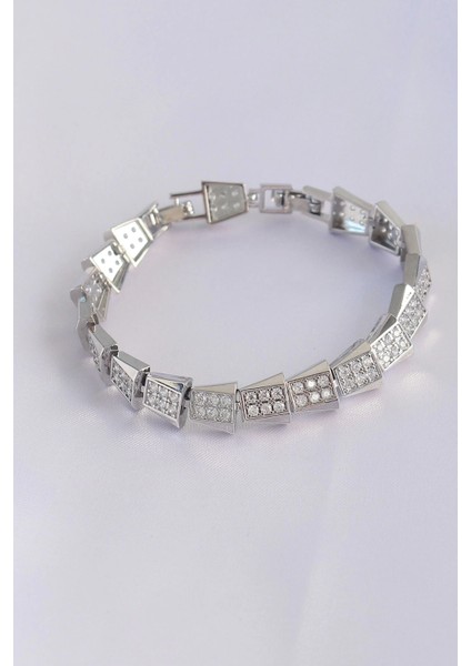 Vip Seri Pirinç Zirkon Taşlı Gümüş Renk Geometrik Bileklik