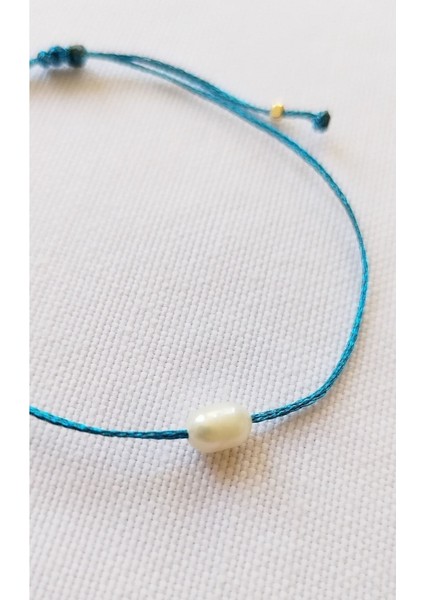 Tek Incili Minimal Mavi Simli Ip Bileklik (Incecik)