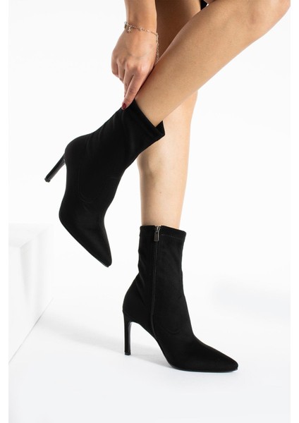 Siyah Streç 8.5 cm Orta Boy Kadın Topuklu Bot