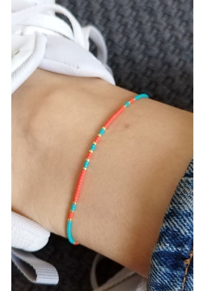 Miyuki Dizi Tek Sıra Kırmızı Turkuaz Minimal Boncuk Halhal