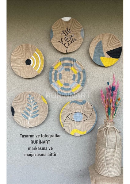 El Yapımı 6lı Soyut Tasarım Gri Sarı Beyaz Renkli Bohem/boho Hasır Duvar Tabağı Seti/afrikan Tabak