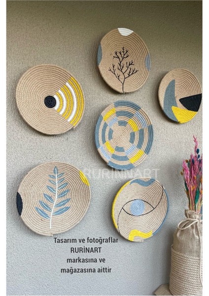 El Yapımı 6lı Soyut Tasarım Gri Sarı Beyaz Renkli Bohem/boho Hasır Duvar Tabağı Seti/afrikan Tabak fiyatları